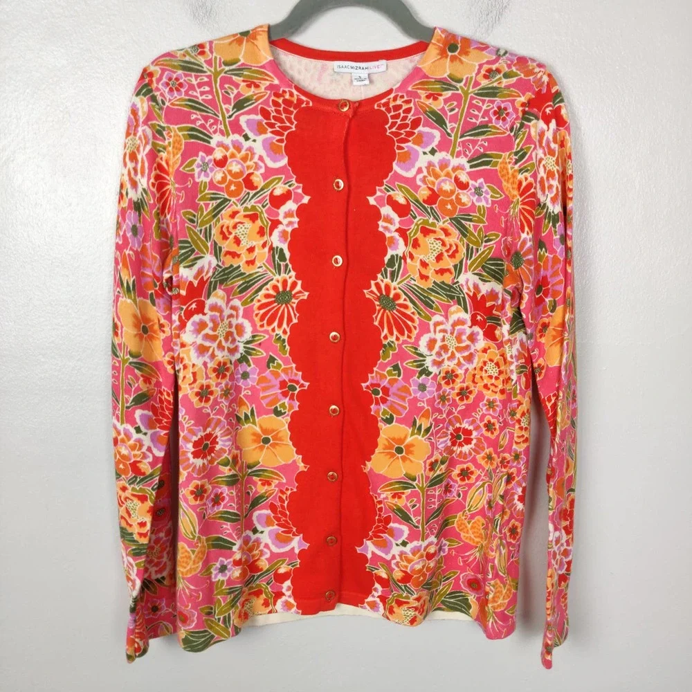 Isaac Mizrahi Live Sweater Women's Small 100% Cotton Red Floral Cardigan